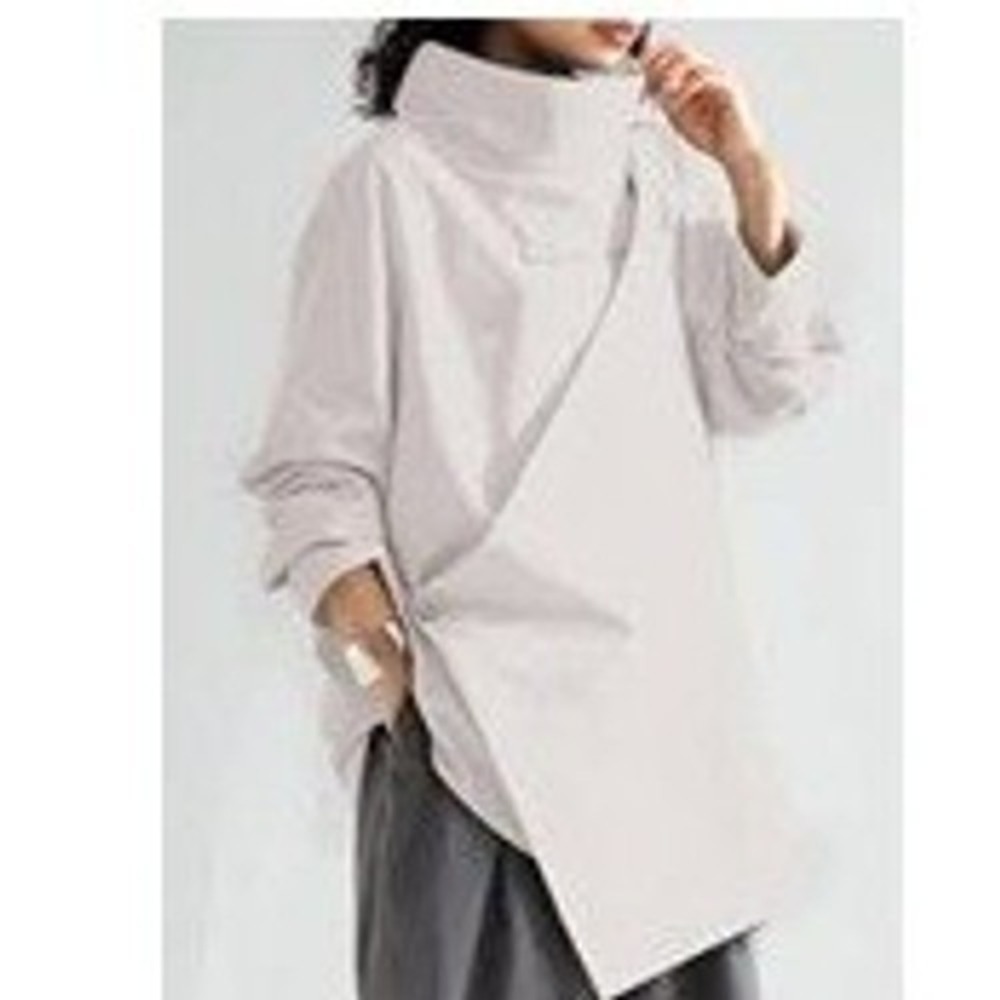 Uoozee Blouse Taupe Asymmetric Mock Neck Minimalist Long Sleeve Top Size M
